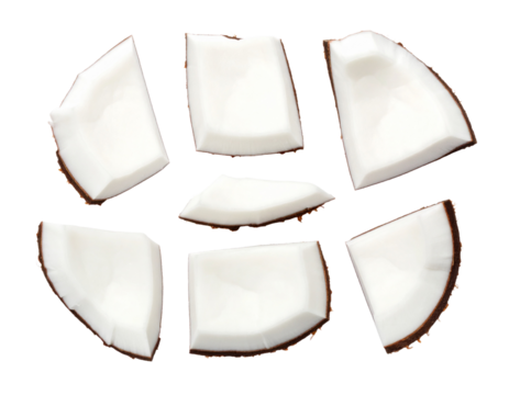 A collection of fresh coconut chunks, isolated on a white background, perfect for a design related to tropical foods and natural ingredients.