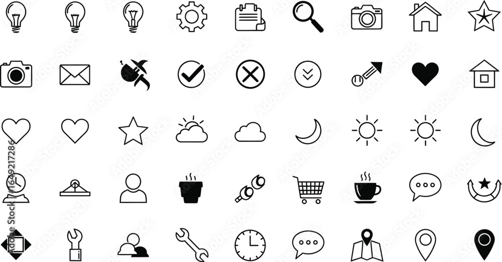 Poster a collection of various black and white line art icons arranged in a grid pattern on white backgroun