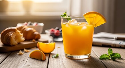 Fototapeta premium Orange Juice with Croissants and Berries for a Healthy Breakfast on a Wooden Table in the Morning Sunlight, Refreshing Start to the Day