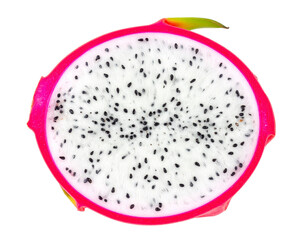 Obraz premium A fresh fig cut in half, isolated on a white background, showcasing the beautiful red and purple interior.