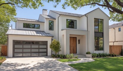 Modern, light-colored, single-family home with a large garage,  under mature trees