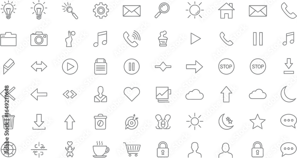 Poster collection of various outline style icons representing common user interface elements and symbols