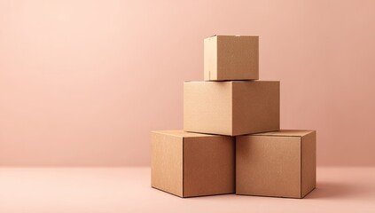 Obraz premium Stacked cardboard boxes on a light pink background