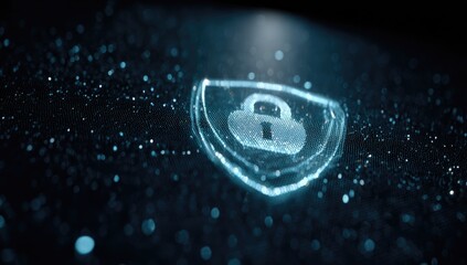 Shielding digital data with light.  A glowing, light blue shield, etched with a lock symbol, hovers over a dark digital backdrop.  Fine particles create a subtle, sparkly effect