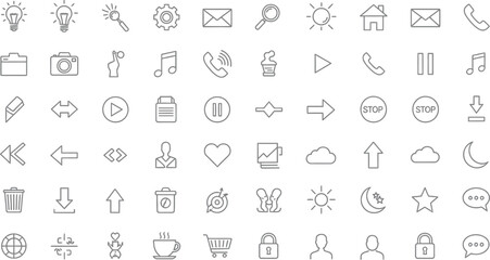 Collection of various outline style icons representing common user interface elements and symbols