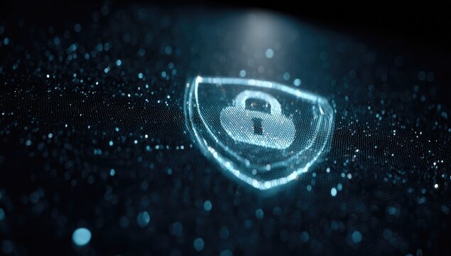 Shielding digital data with light.  A glowing, light blue shield, etched with a lock symbol, hovers over a dark digital backdrop.  Fine particles create a subtle, sparkly effect