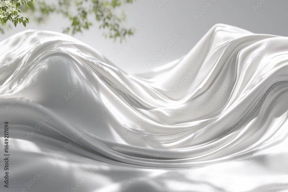 Poster a smooth, flowing white fabric drapes elegantly, reflecting light and creating soft shadows, enhance
