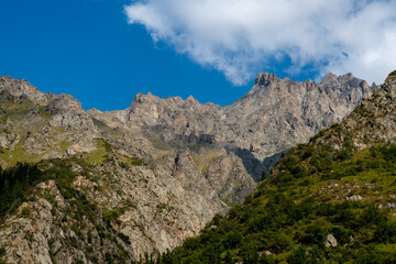 Jagged rock walls, spires, scree, conifer slopes. Scene suggests trekking, scrambling, climbing logistics, basecamp approaches, ridge traverse planning, daytrip possibilities in Ala-Archa Kyrgyzstan