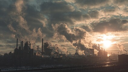 Industrial sunset. Dark silhouettes of factories and smokestacks against a dramatic sunset sky filled with clouds and smoke