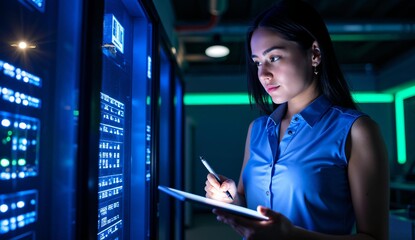 A professional woman examines data on a tablet in a server room illuminated with blue and green lights.