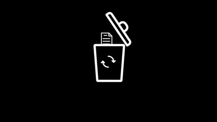 White outline trash can with paper and recycle symbol on black
