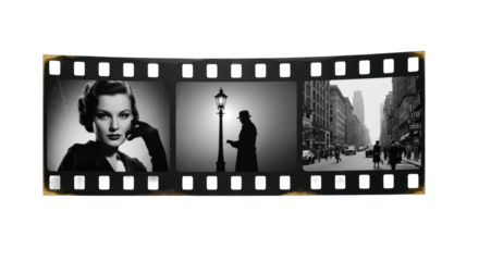 Classic Hollywood glamour, mysterious street scene, and New York City streetscape, depicted on a film strip.