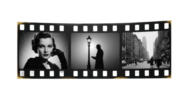 Classic Hollywood glamour, mysterious street scene, and New York City streetscape, depicted on a film strip.