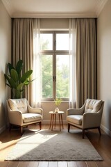 Serene mediation room, neutral tones, natural light streaming through window, comfortable seating arrangement perfect for conflict resolution, peaceful atmosphere , modern, mediation room, design