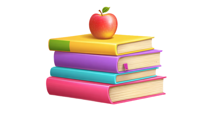 Bright Stacked Books with Fresh Red Apple on Top