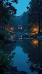 Serene nighttime scene of a pond illuminated by soft, ambient lighting reflecting beautifully on the water's surface Perfect for relaxation, nature, and tranquility themes , soft light, night