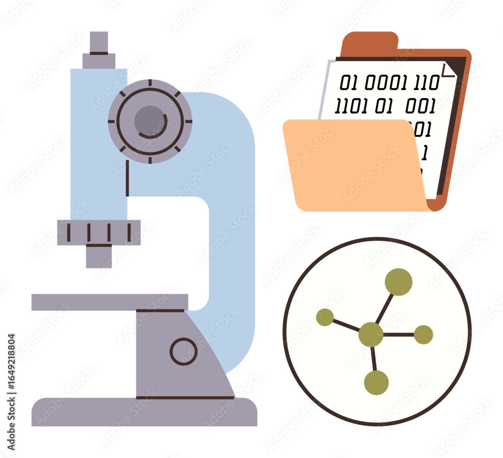 Poster microscope next to a folder with binary code and a molecular structure diagram. ideal for science, r