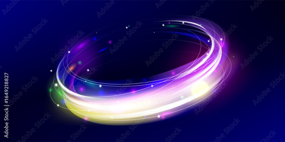 Poster blue neon spiral ring with glowing wave effect and glittering streaks. bright vortex motion with abs