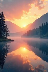 Serene sunrise over a tranquil lake, mist gently rising, creating a magical, ethereal atmosphere Perfect for calming backgrounds, travel, nature, or wellness themes , magical, picturesque