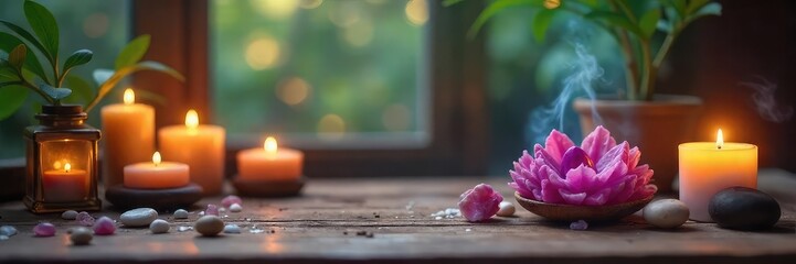 Serene workspace with candles, crystals, and incense burning, promoting mindfulness and relaxation for a thriving meditation business ,  entrepreneur,  peaceful,  prosperity
