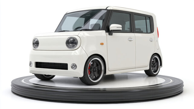 Concept Kei Car, A minimalist illustration of a futuristic, aerodynamic Kei car concept on a rotating platform in a design studio. 