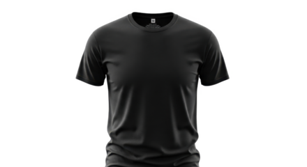 A plain black short-sleeved t-shirt with a round neck, isolated on a clean white background.