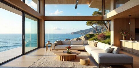 Stunning California coastal home with ocean views, expansive windows, and a luxurious interior design Perfect for real estate, travel, and lifestyle publications , sunset, sunshine, bright