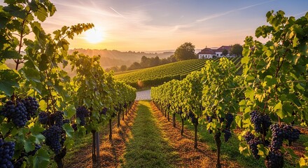 Naklejka premium Vineyard landscape with rows of grape vines at sunset, showcasing the beauty of viticulture and the promise of fine wine production
