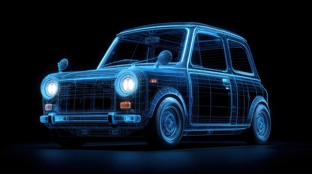 Car Design - Digital, A minimalist illustration of a glowing, 3D wireframe model of a Kei car, representing the design and engineering phase.