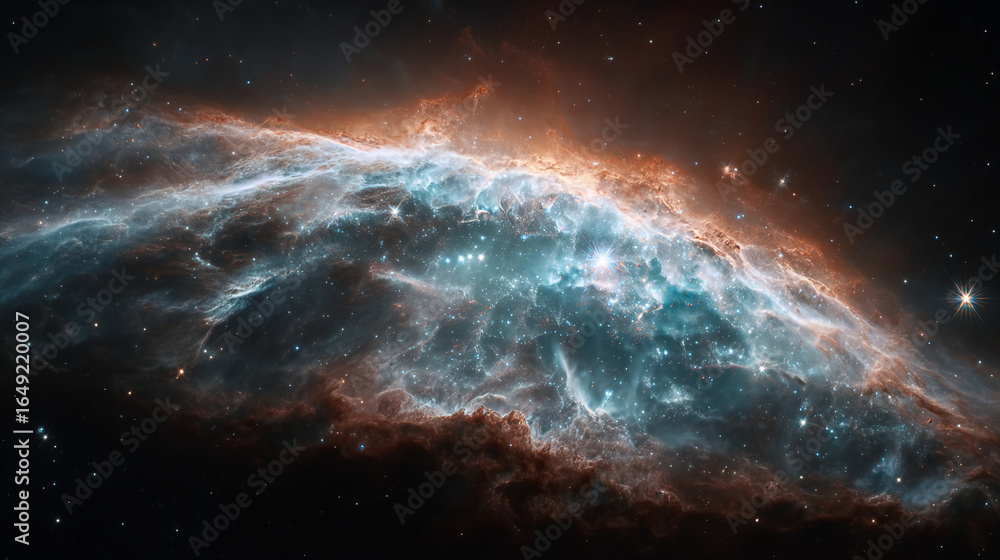 Poster a view of a nebula with swirling clouds of gas and dust in a dark starry space