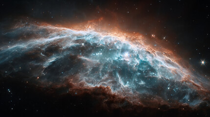 A view of a nebula with swirling clouds of gas and dust in a dark starry space