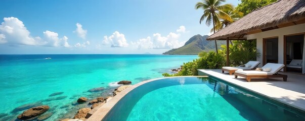 Sun-drenched private villa with infinity pool overlooking a turquoise ocean; ultimate luxury escape Enjoy breathtaking views and unparalleled relaxation , luxury, calm