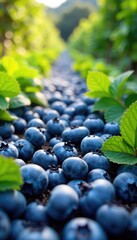 Sun-drenched rows of plump, ripe blueberries ready for harvest in a lush, vibrant garden  Sweet berries bursting with flavor, idyllic summer scene ,  blueberry bush,  blueberry patch,  garden