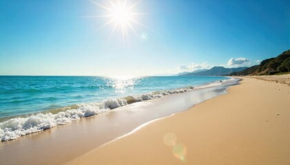 Sun-kissed sand, gentle waves lapping the shore, a tranquil beach scene perfect for relaxation and escape Ideal for travel, summer, vacation, and coastal themes , coastal, vacation, idyllic