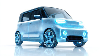Car Design - Digital, A minimalist illustration of a glowing, 3D wireframe model of a Kei car, representing the design and engineering phase. 