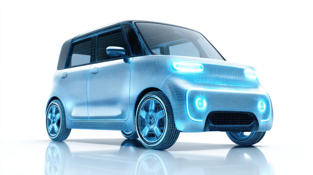 Car Design - Digital, A minimalist illustration of a glowing, 3D wireframe model of a Kei car, representing the design and engineering phase.