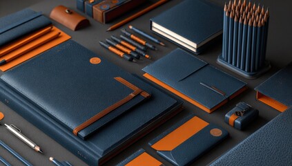 Fototapeta premium Dark navy and orange leather stationery collection. High-end, professional, stylish, organized