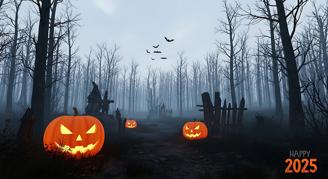 Glowing pumpkins in a spooky forest with bats flying and happy  in the corner of the image
