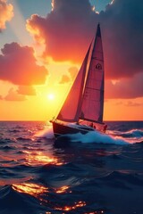 Triumphant sailboat slicing through waves under a vibrant sunset, capturing the essence of oceanic victory The feeling of accomplishment and freedom at sea , triumph, competition