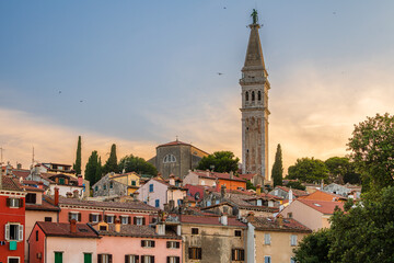 Obraz premium The bell tower of Church of St. Euphemia and the old city of Rovinj, Croatia on a summer day right before the sunset. 