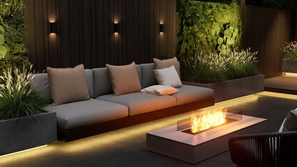 Landscaping of the area in the backyard, with sofas, armchairs, a fireplace and barbecue. 3d render