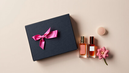 Gift box perfume set, beauty products cosmetic arrangement, luxury style fashion, a vibrant color composition, professional modern design, multipurpose creative backdrops, unique eye-catching layout.