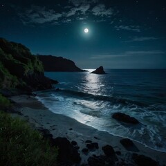 "Moonlit Blue Sea with Rocky Islands Under Starlit Sky – Tranquil Night Seascape Photography."