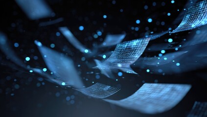 Abstract digital documents swirling in a dark space.  Glowing, translucent blue rectangular shapes, resembling digital sheets of paper,  float and move dynamically against a deep black background.