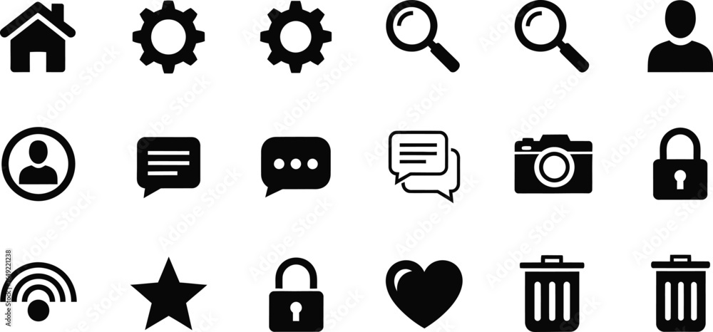 Poster a collection of black and white vector icons representing various functions on a light background