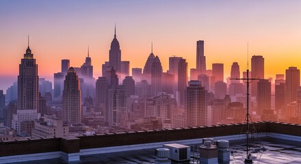 Fototapeta premium Skyline of a modern city at sunset with skyscrapers and rooftop details, creating a vibrant urban landscape with a sense of scale and grandeur