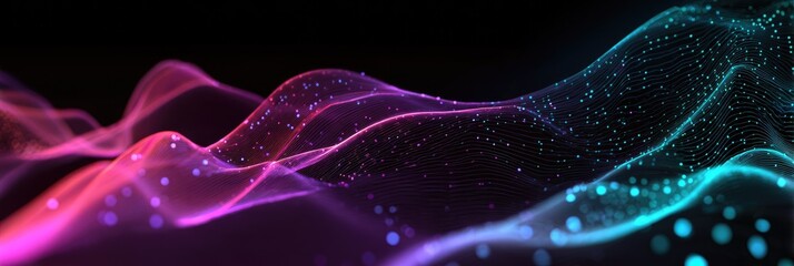Abstract wavy forms of glowing particles in vibrant colors against a dark background