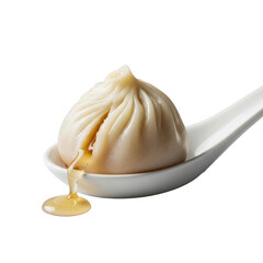 Perfectly pleated xiao long bao with golden-brown broth leaking on a white porcelain spoon, isolated on transparent, soft studio light, macro shot, concept of delicious culinary art