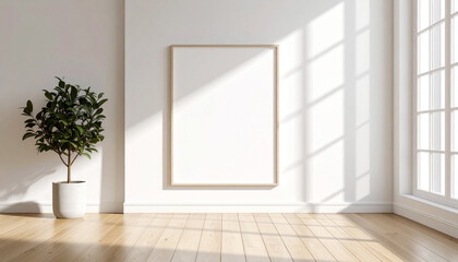 A poster frame mockup in a minimal Scandinavian-style room.