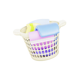 3d laundry basket with dirty clothes for bathroom storage. White plastic basin with washed linen pile of color towels and bedding isolated on blue background. Render realistic icon